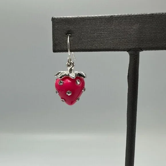 3/$30 Strawberry Dangle Earrings Pink Silver Tone Rhinestone Accents Fruit - Picture 4 of 11